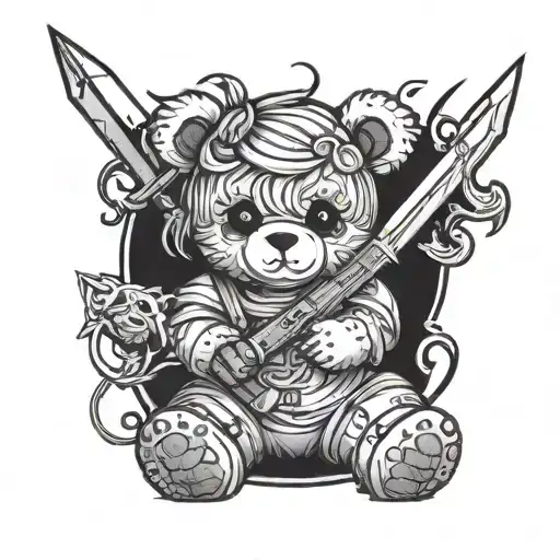 Tattoo sketch: girl holding teddy bear and dagger, minimalism tattoo design idea