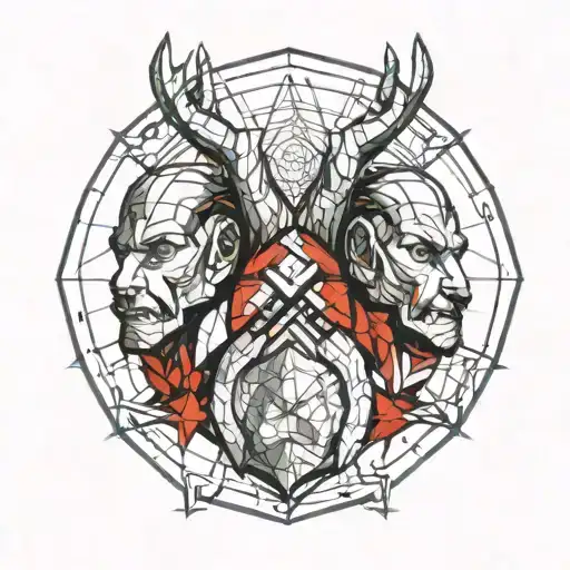 Zodiac sign gemini and scorpie with some red background in polygon style tattoo design idea