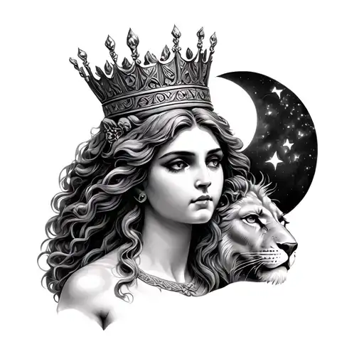 realism black & grey rhea greek goddess of motherhood wearing crown with lion and moon tattoo design idea