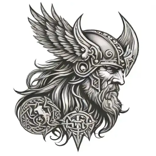 Viking head with crows flying tattoo design idea