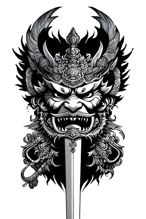 barong ragdah with sword emerging tattoo design idea