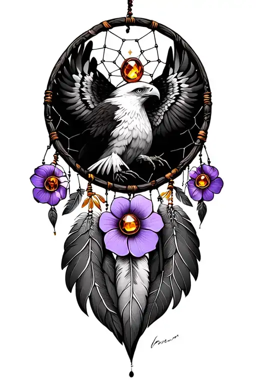 dream catcher, eagle, violet flower and amber gemstone tattoo design idea