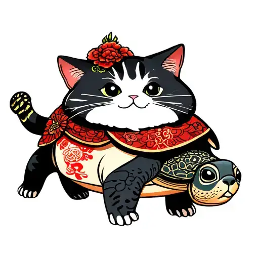 Cute fat cat with a turtle riding on the back tattoo design idea