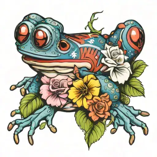 puerto rican flag  Taino Coqui Frog With rose bouquet wrapped tattoo design idea