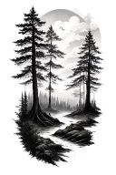 A forearm-length tattoo featuring a dense and tranquil Latvian forest. Include detailed silhouettes and textures of nati tattoo design idea