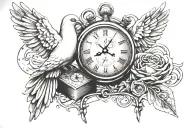 dove and stop watch with time 3:20.23 and Bible on chest tattoo design idea