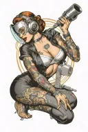 sexy pin up donning welding mask and lingerie, big, round ass, on her knees using torch, she's very fit. not weird look tattoo design idea