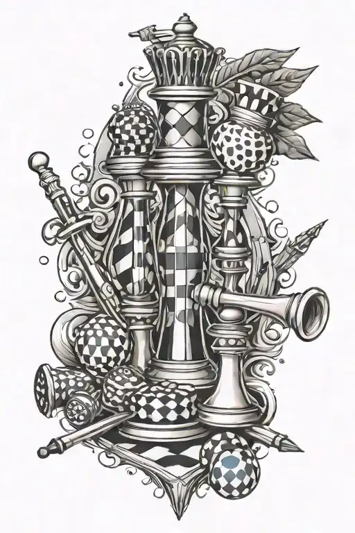 A tattoo design combining elements of pool cue sticks, adart board, and chess to represent the client's favorite hobbies tattoo design idea