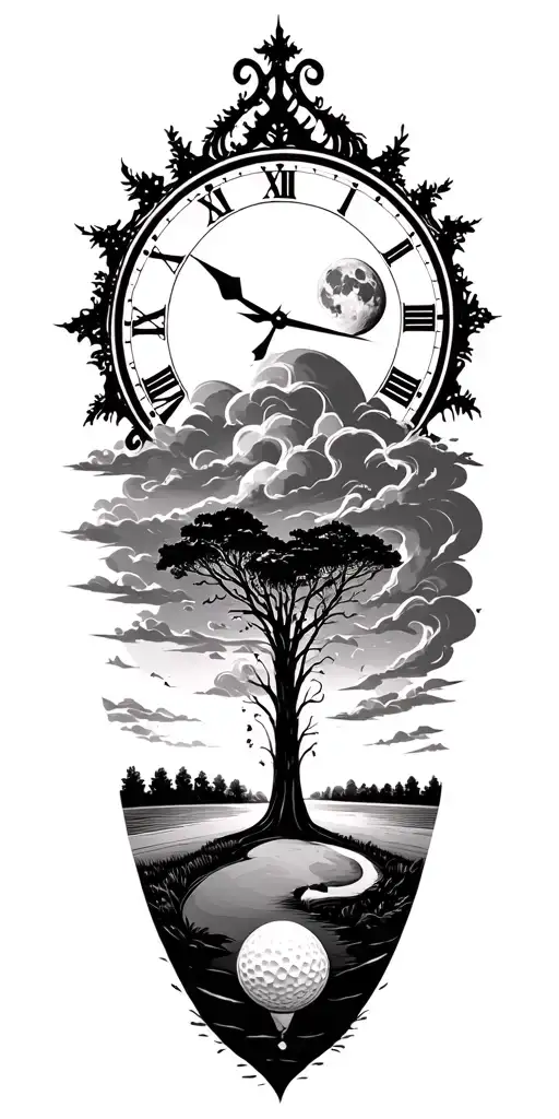 lightining storm and time and moon clock and nature and golf course tattoo design idea
