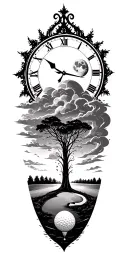 lightining storm and time and moon clock and nature and golf course tattoo design idea