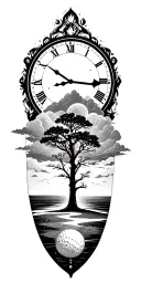 lightining storm and time and moon clock and nature and golf course tattoo design idea