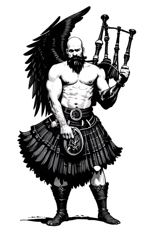 shirtless bagpiper big black wings on back muscular playing the bagpipes bald with  black beard  tattoo design idea