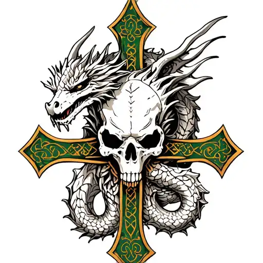 dragon skull and irish cross intertwined tattoo design idea