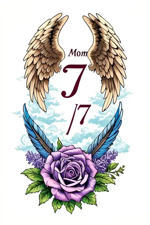 "Mom  3/7" memorial tattoo design mom, number  angel wings feathers 7 clouds lilacs rose tattoo design idea