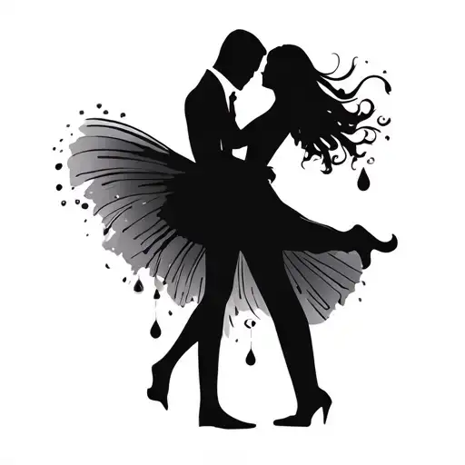 A silhouette of a couple dancing, very minimal, with a tiny teardrop as a subtle emotional accent tattoo design idea