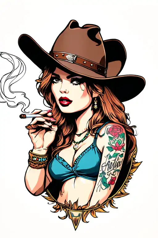 cowgirl smoking cigarette tattoo design idea