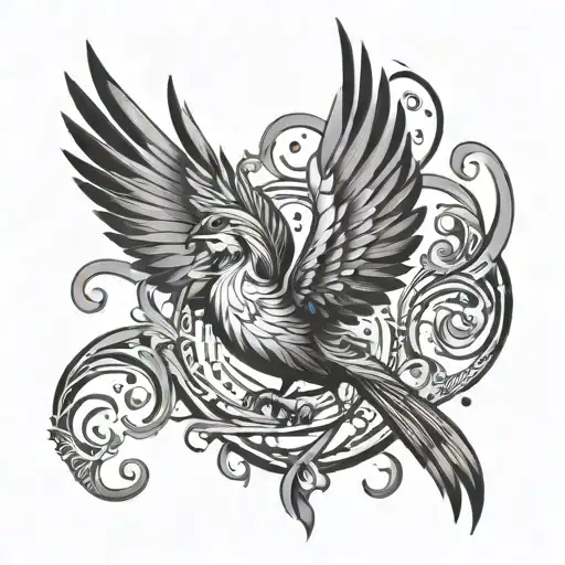 symetric fenix bird with curved lines spreding to the sides. Tattoo on woman's belly tattoo design idea