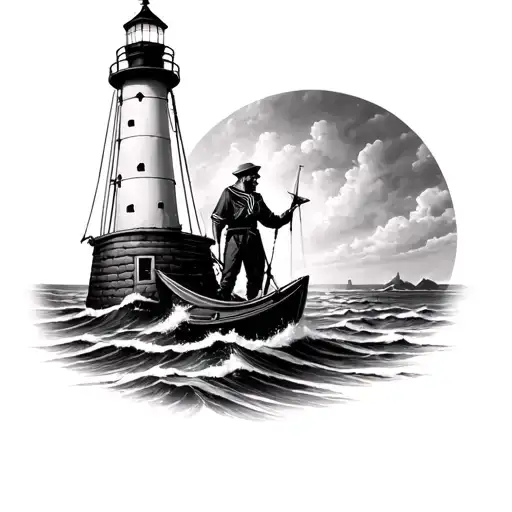 a sailor holding a lighthouse life and death tattoo design idea