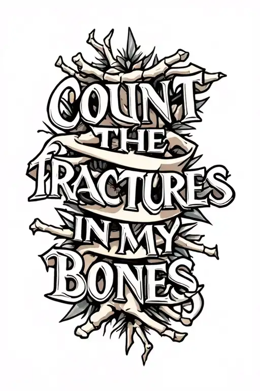 The text" count the fractures in my bones" in a bold font and an image of broken bones tattoo design idea
