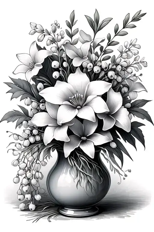 bouquet in a vase (include violets, daffodils, lily of the valley, water lily, morning glory) tattoo design idea