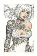 Sexy girl, Huge boobs, cleavage, petite, pure white eyes, torn clothing, short white bob hairstyle, waist up view  tattoo design idea