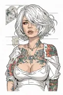 Sexy girl, Huge boobs, cleavage, petite, pure white eyes, torn clothing, short white bob hairstyle, waist up view  tattoo design idea
