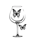 Wine glass wiht a hole at the bottom and a butterfly tattoo design idea