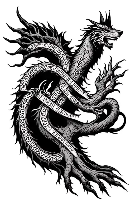 Celtic tree of life, wolf and coyote tails intertwined in roots. dragon  and ogham words  tattoo design idea