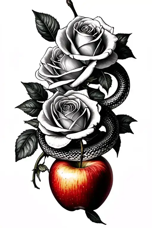 Snake And Apple Roses dark for cover feminine  tattoo design idea
