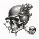 Skull with one bubble spilling through the skull on top, bubble is filled with space with a man floating inside tattoo design idea