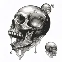 Skull with one bubble spilling through the skull on top, bubble is filled with space with a man floating inside tattoo design idea