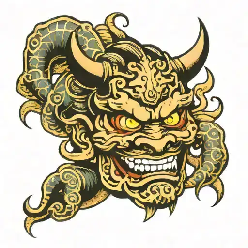 oni mask with the astrological sign Gemini in the center tattoo design idea