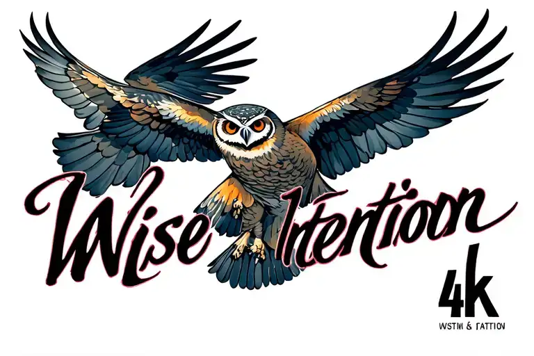 "Wise Intention" owl flying tattoo design idea