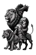 Lion and cubs on outer upper arms with lioness on inner bicep, on the lower forearm a roman warrior/gladiator  tattoo design idea