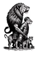 Lion and cubs on outer upper arms with lioness on inner bicep, on the lower forearm a roman warrior/gladiator  tattoo design idea