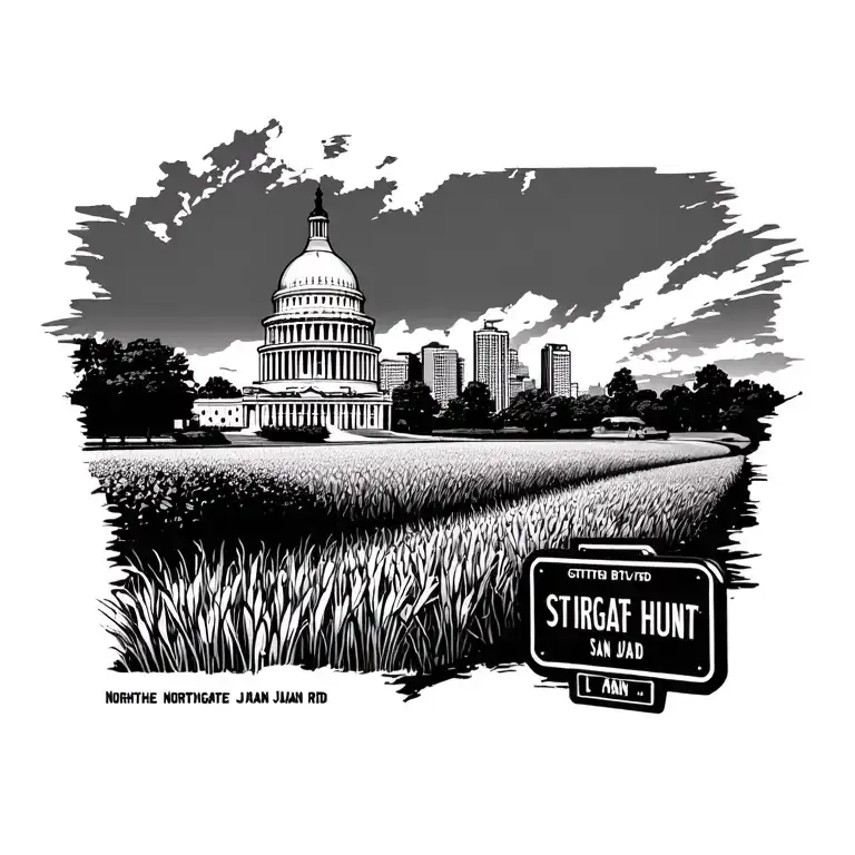Capital building in center, rice field duck hunt on left, city street sign Northgate Blvd and San Juan Rd scene on right tattoo design idea