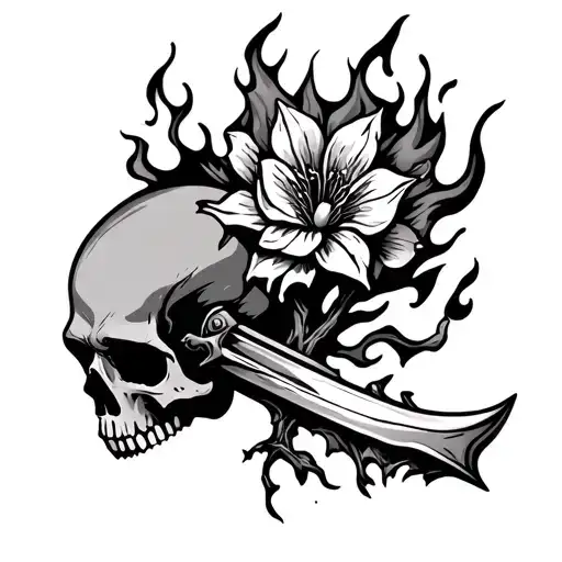 sword in fire. skull with open mouth. lutos flower. tree string. tattoo design idea