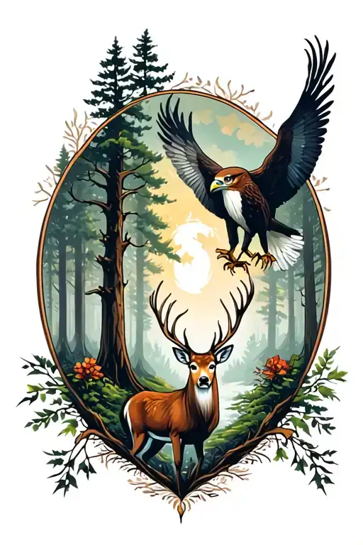 A mystical forest scene with a deer and a hawk symbolizing the connection between hunting and spirituality tattoo design idea