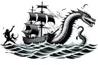 A sea serpent rising from the ocean and fighting a pirate off of his pirate ship, while Poseidon attacks the sea serpent tattoo design idea