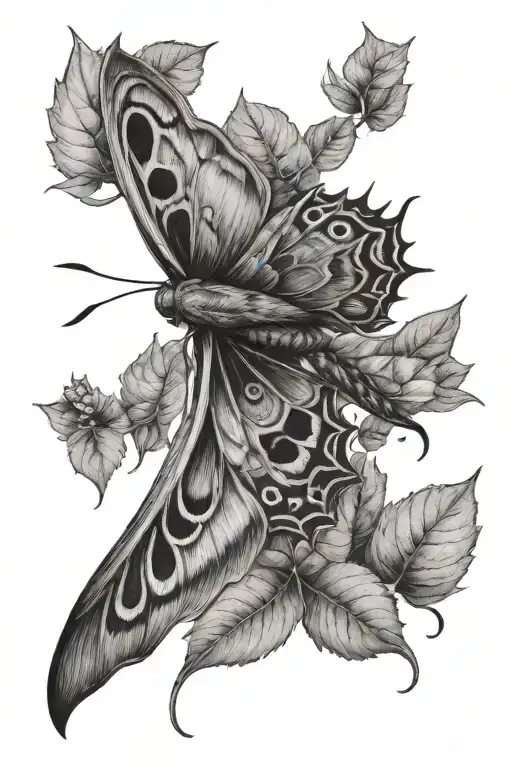 moth surrounded by leaves flying to the moon tattoo design idea