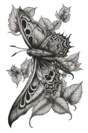 moth surrounded by leaves flying to the moon tattoo design idea