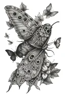 moth surrounded by leaves flying to the moon tattoo design idea