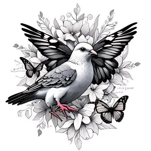 a dove with butterflys on one side with my grandma bierth and deafth date and on the other side my dads birth and die da tattoo design idea
