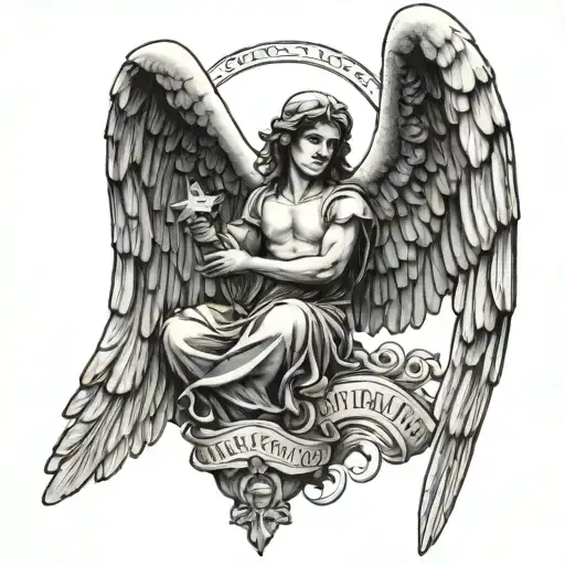 Create a tattoo of a protective guardian angel holding a Latin quote 'Si vis pacem, para bellum' meaning 'If you want peace, prepare for war', reflecting your values of protection and preparedness tattoo design idea