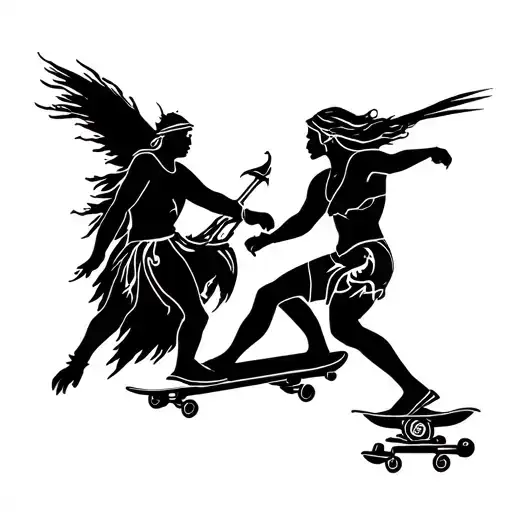Irish legends cu chulainn and Brigid on a skateboarding session tattoo design idea