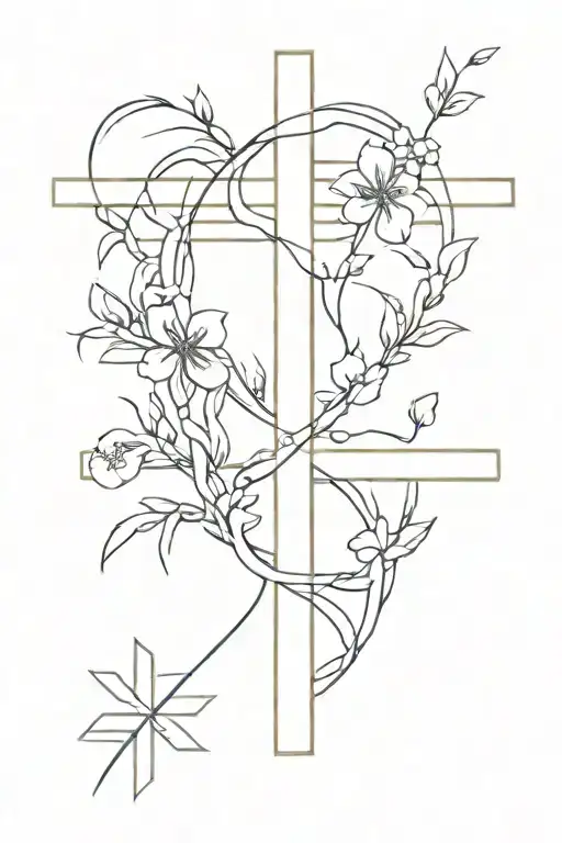 cross and biblical flowers intertwined tattoo design idea