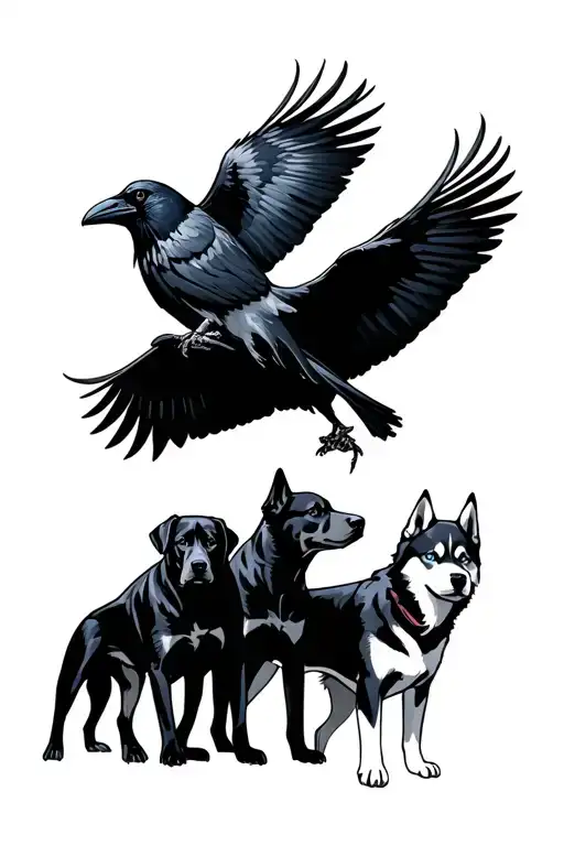 outdoor scene featuring a raven over looking 3 black labs and a brown and white husky with blue eyes tattoo design idea