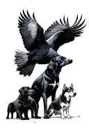 outdoor scene featuring a raven over looking 3 black labs and a brown and white husky with blue eyes tattoo design idea