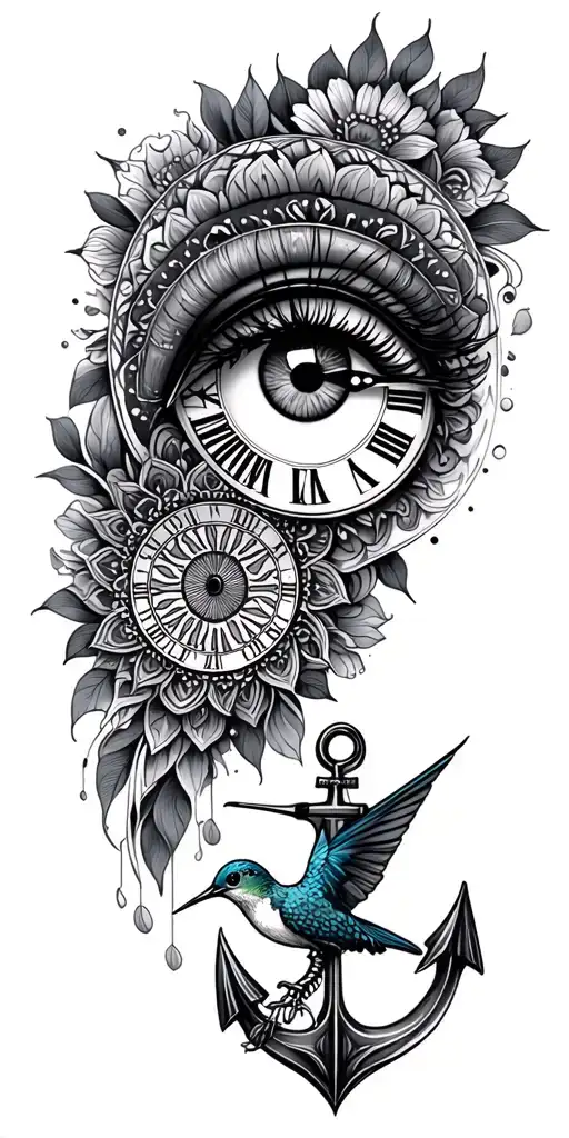 Sleeve of mandalas, single womens eye, clock, anchor, hummingbird tattoo design idea