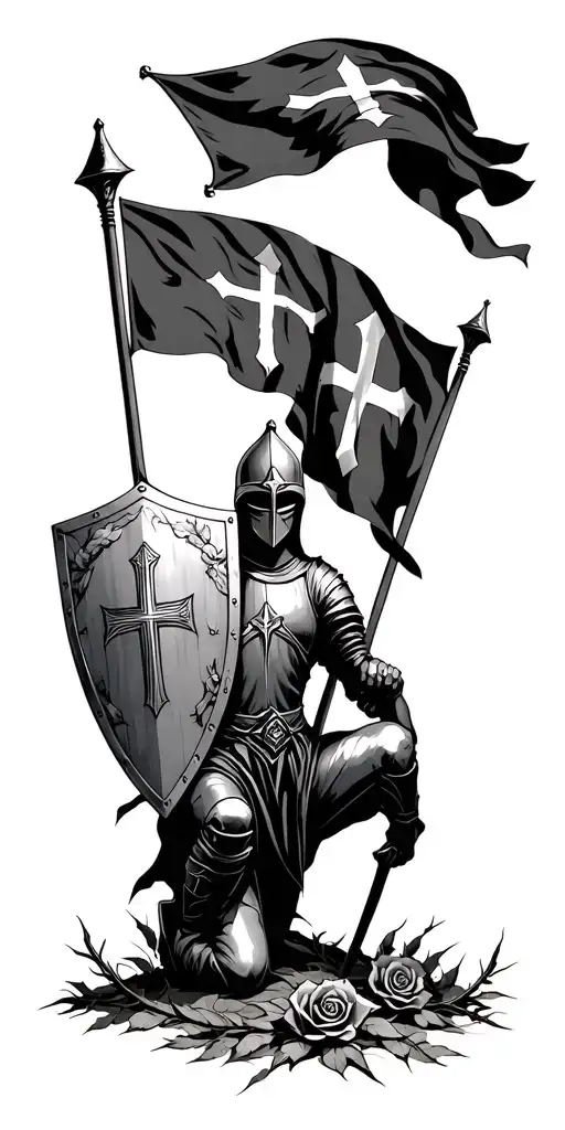 knight Templar kneeling with shield and 2 flags flying in the background surrounded by thorns and rose bushes  tattoo design idea